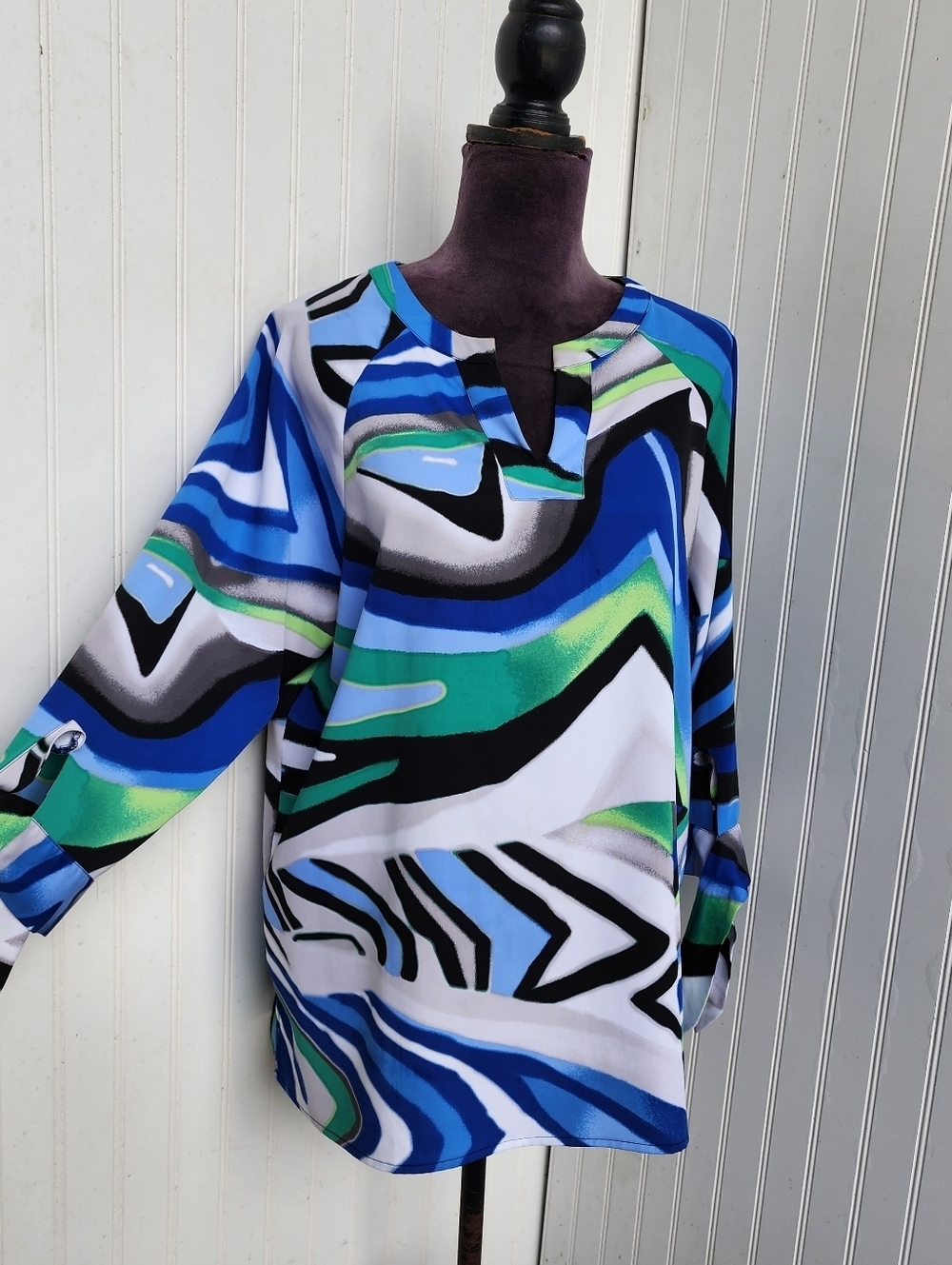Easy Wear By Chicos 2 Multicolor 3/4 Sleeve Tunic Blue Green Black Sz M